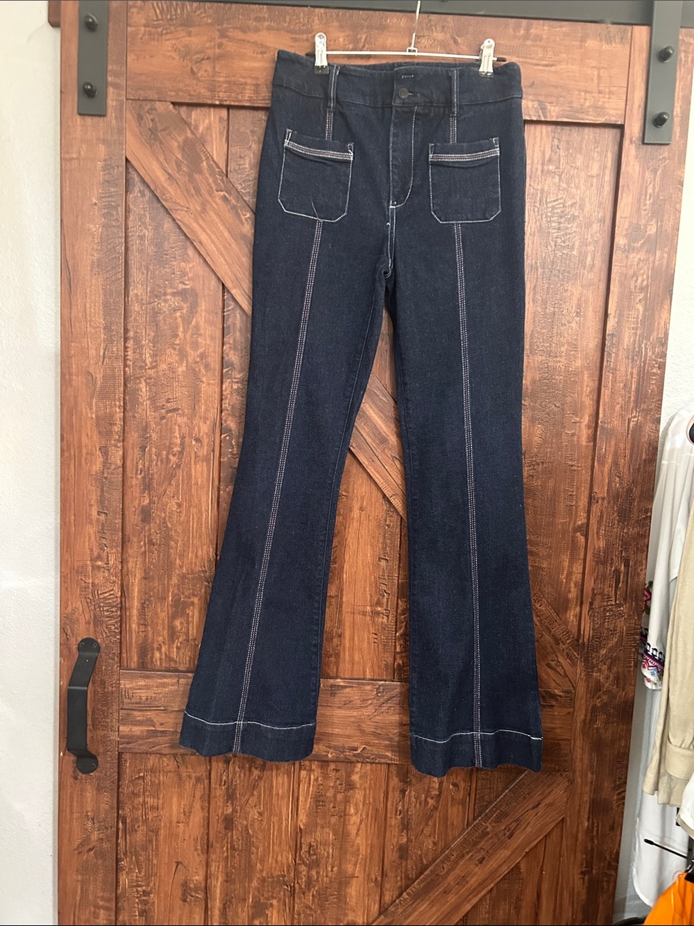 High-Rise Dark Indigo Flare Jeans with Front Patch Pockets